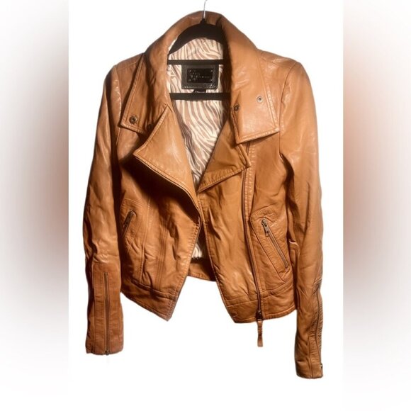 Mackage Tan Lambskin Double breasted full zipper 2 pckt cropped Leather Jckt XXS - Picture 2 of 6